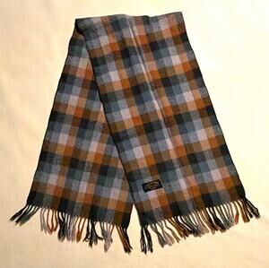 Men's 100% Wool Plaid Scarf Gray/Brown/Black with Fringe RN 13962
